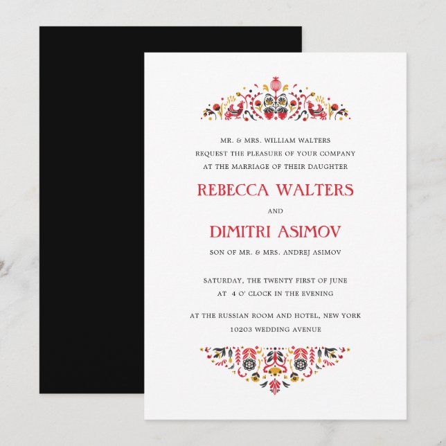 Invitación Boda formal de flor de Khokhloma, arte popular rus (Anverso / Reverso)