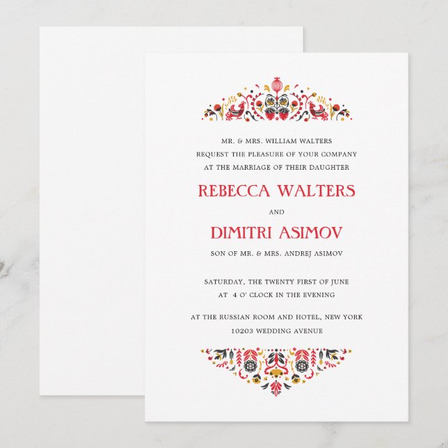 Invitación Boda formal de flor de Khokhloma, arte popular rus (Anverso / Reverso)