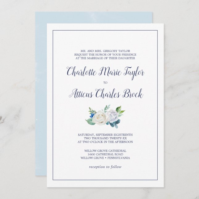 Invitación Boda formal de flores blancas clásicas (Anverso / Reverso)