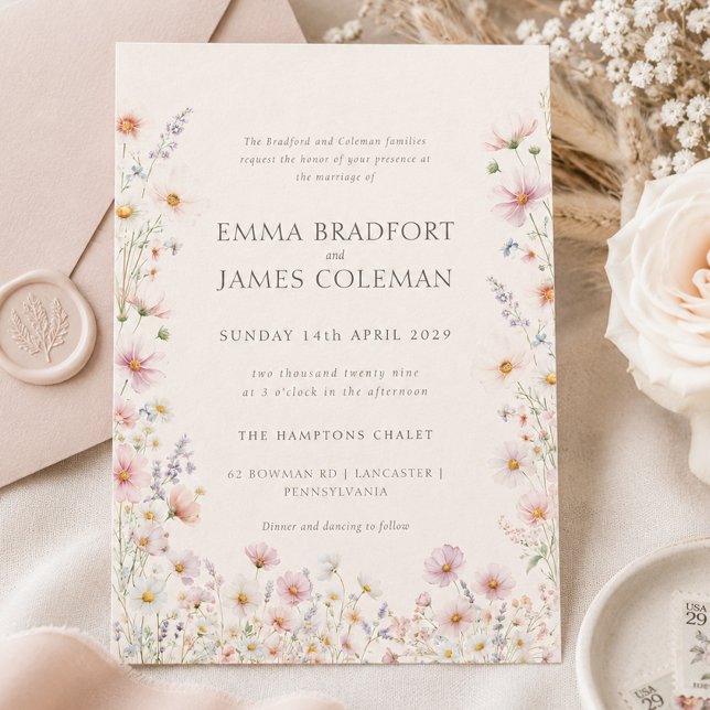 Invitación Boda Formal de Flores Silvestres Caprichosas Bohem (Bohemian Whimsical Wildflowers Formal Wedding Invitation)