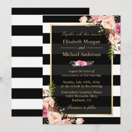 Invitación Boda formal de franjas florales rosadas modernas