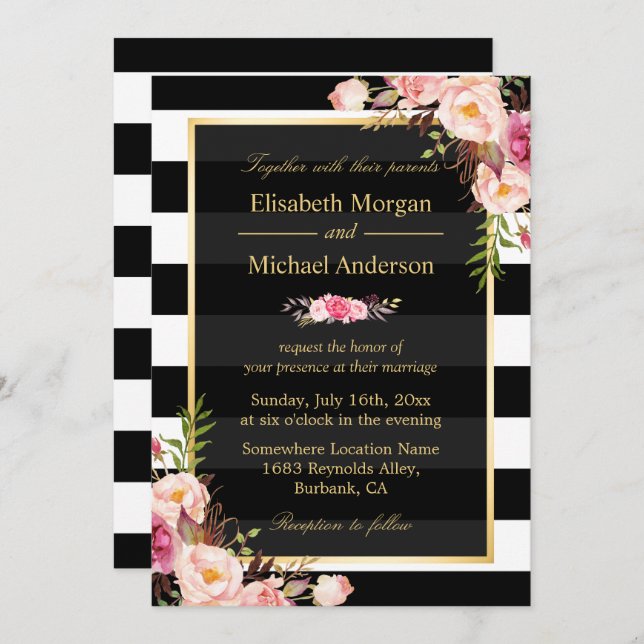 Invitación Boda formal de franjas florales rosadas modernas (Anverso / Reverso)