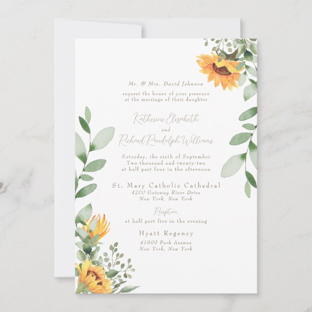 Invitación Boda formal de girasol novia padres de oro Textos (Anverso)