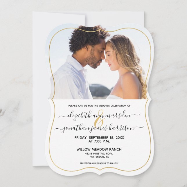 Invitación Boda formal de guion negro dorado elegante (Anverso)