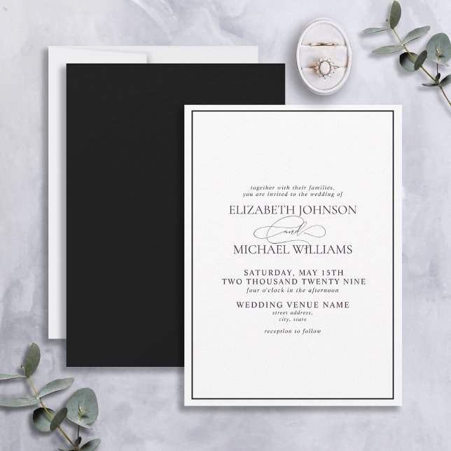 Invitación Boda formal de guiones clásicos en blanco y negro (Subido por el creador)