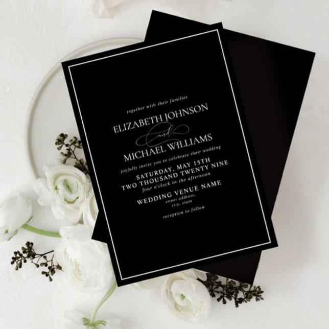 Invitación Boda formal de guiones clásicos en blanco y negro (Subido por el creador)