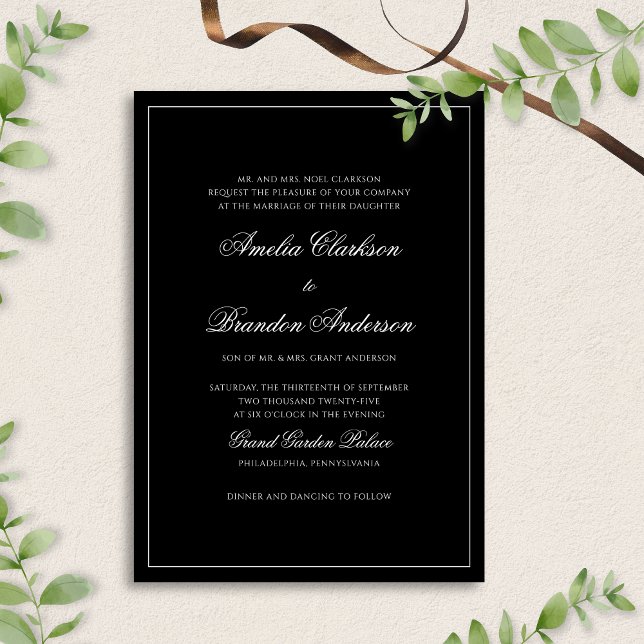 Invitación Boda formal de guiones de borde blanco y negro (Subido por el creador)