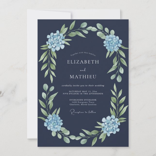 Invitación Boda Formal de Hortensias Azul Marino (Anverso)