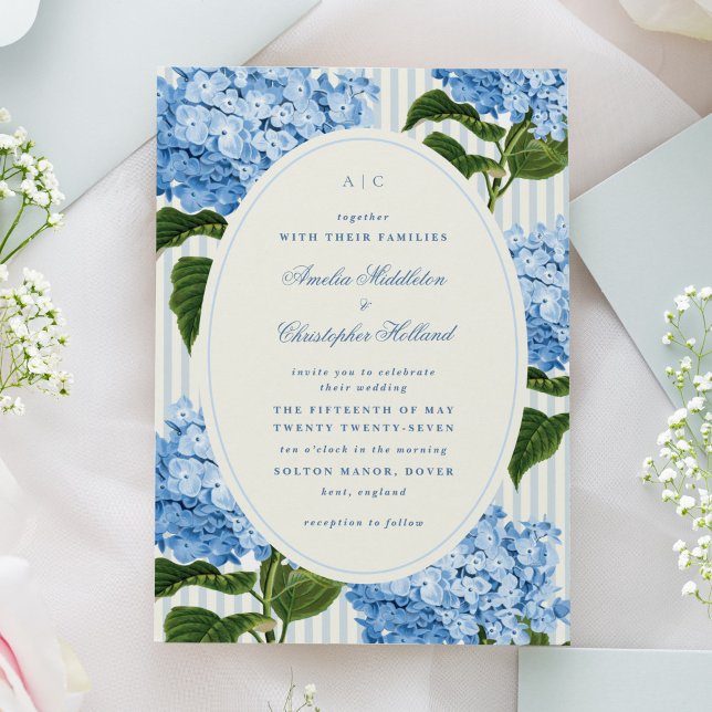 Invitación Boda formal de jardín de la hidrangea azul (preppy watercolour hydrangea flowers wedding invitation in blue and off-white.)