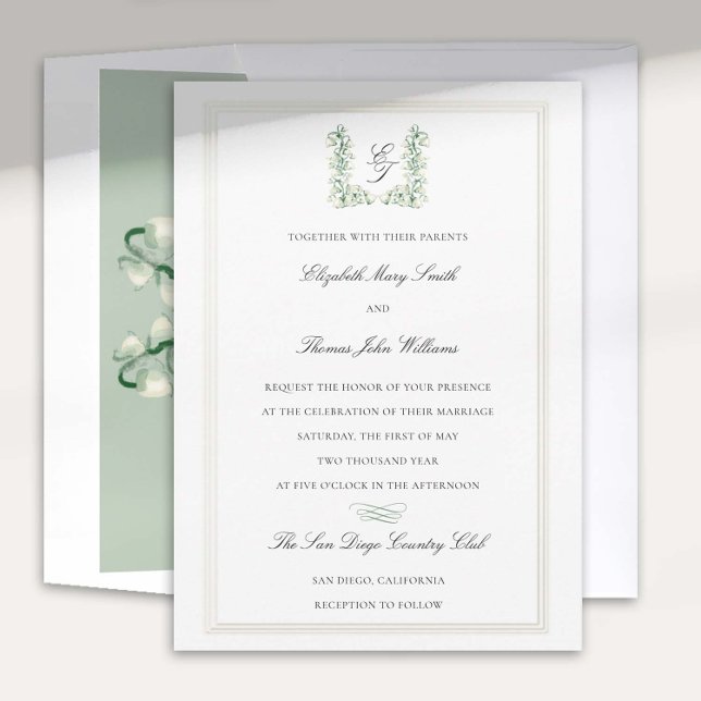 Invitación Boda formal de la caligrafía Escudo de Lily Valley (lily valley formal classic wedding invitation card watercolor art crest monograms calligraphy)