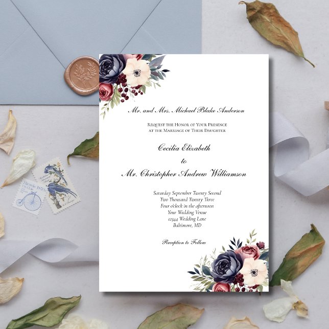 Invitación Boda formal de la Marina Borgoña Crema Azul (Burgundy Navy Blue Cream Watercolor Floral Formal Traditional Classic Wedding Invitation)