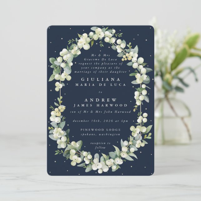 Invitación Boda formal de la Marina Oscura Snowberry+Eucalypt (Anverso de pie)