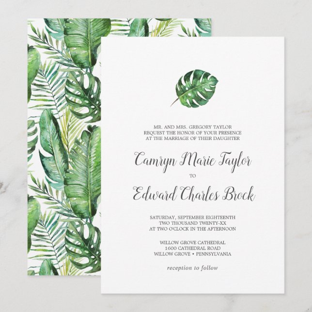 Invitación Boda formal de la palma tropical salvaje (Anverso / Reverso)
