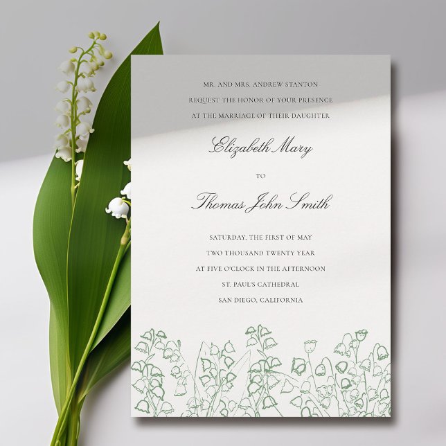 Invitación Boda formal de Lily Valley, dibujo floral de arte  (lily of the valley wedding invitation formal traditional elegant green floral sketch fine art wild)