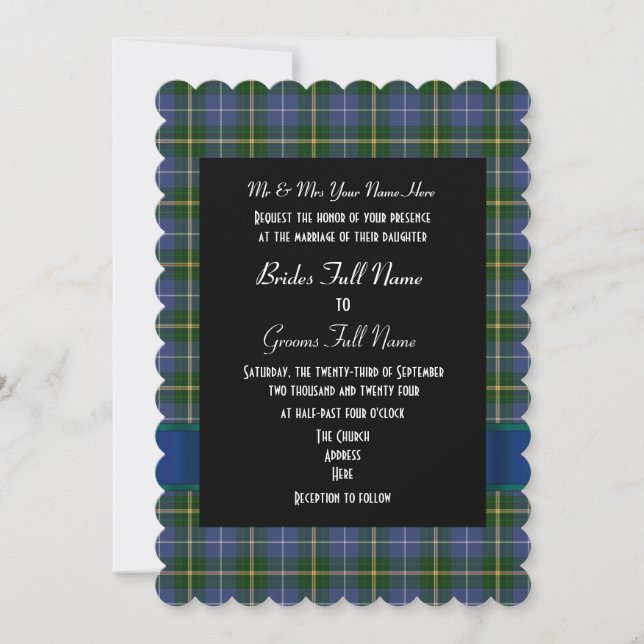 Invitación Boda formal de lona azul y verde (Anverso)