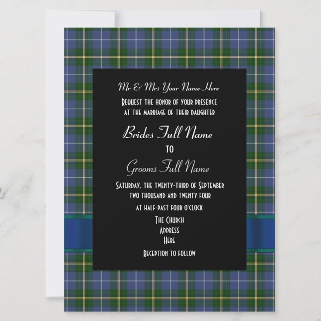 Invitación Boda formal de lona azul y verde (Anverso)