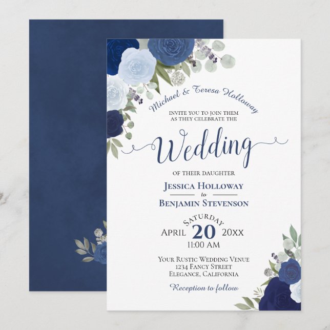 Invitación Boda formal de los Rosas de acuarela del Boho azul (Anverso / Reverso)
