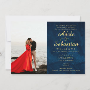 Invitación Boda formal de monograma moderno fotográfico azul