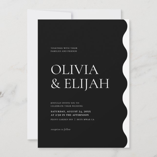 Invitación Boda formal de onda moderna en blanco y negro (Anverso)