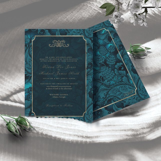 Invitación Boda formal de Paisley oscuro ID Verde azulado767 (Subido por el creador)