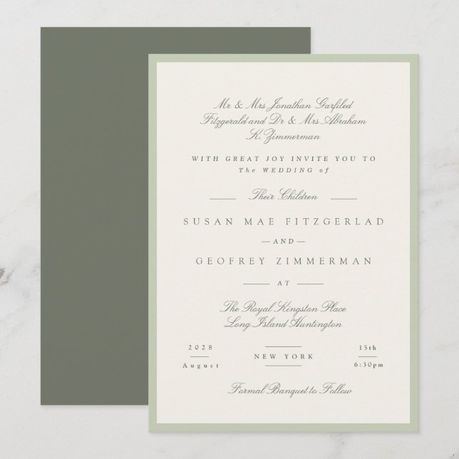 Invitación Boda Formal de Pistacho Suave (Anverso / Reverso)