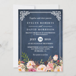 Invitación Boda formal de pizarra azul floral rústica