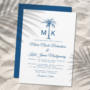 Invitación Boda Formal de Playa con Palma Azul Monograma