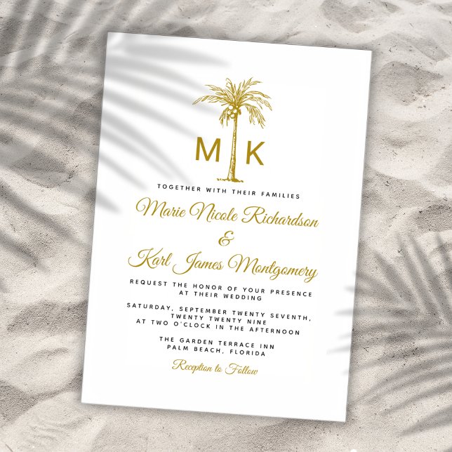 Invitación Boda Formal de Playa con Palma Dorada Monograma (Monogram Gold Palm Tree Formal Beach Wedding Invitation)