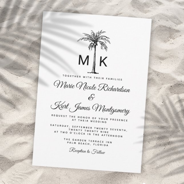 Invitación Boda Formal de Playa con Palma Tropical Monograma (Monogram Tropical Palm Tree Formal Beach Wedding Invitation)