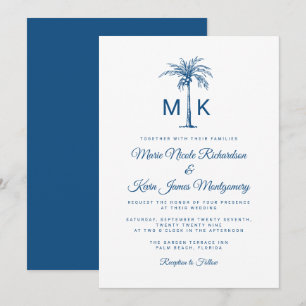 Invitación Boda Formal de Playa con Palma y Monograma Moderno