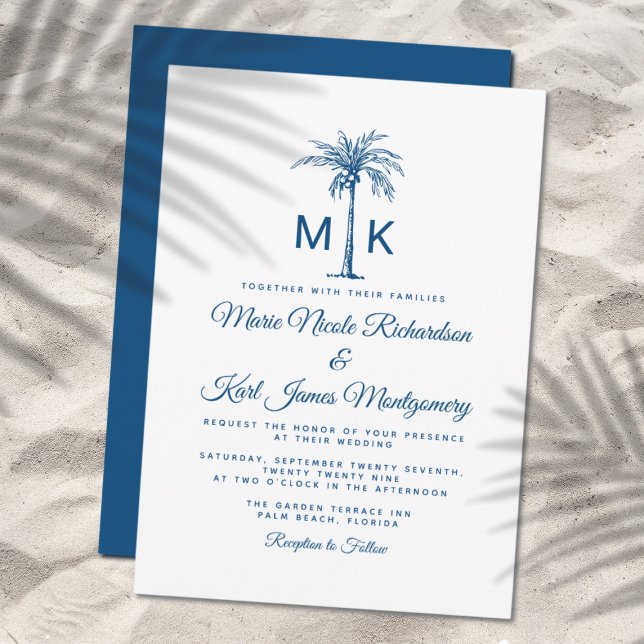 Invitación Boda formal de playa monograma Blue Palm Tree (Elegant Monogram Palm Tree Formal Beach Wedding Invitation)