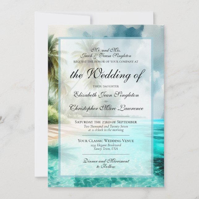 Invitación Boda Formal de Playa Tropical y Palmeras (Anverso)