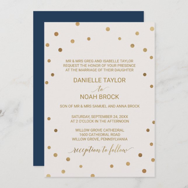 Invitación Boda formal de puntos de polka dorada (Anverso / Reverso)