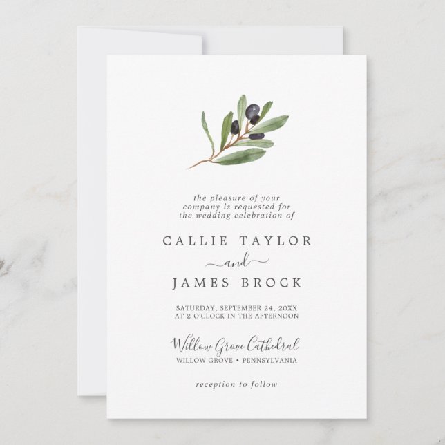 Invitación Boda formal de rama de oliva moderna (Anverso)