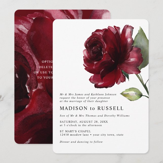 Invitación Boda Formal de Rosa Roja Profunda en Acuarela Simp (Anverso / Reverso)