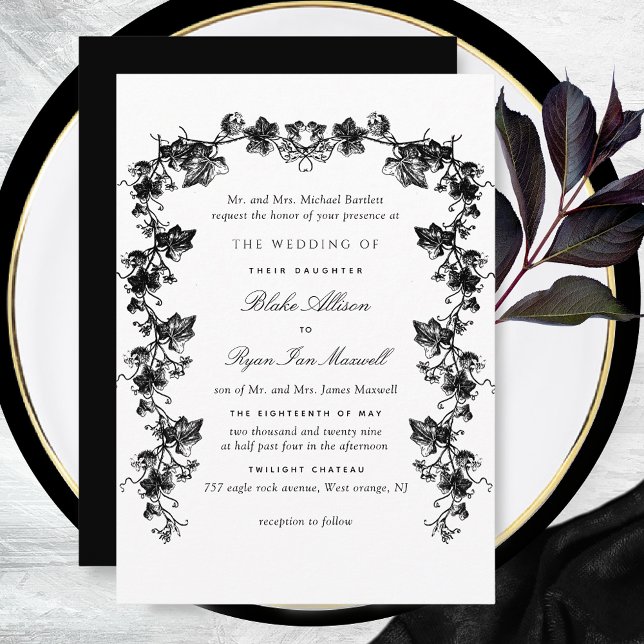 Invitación Boda formal de tierras de labranza negras y blanca (Subido por el creador)
