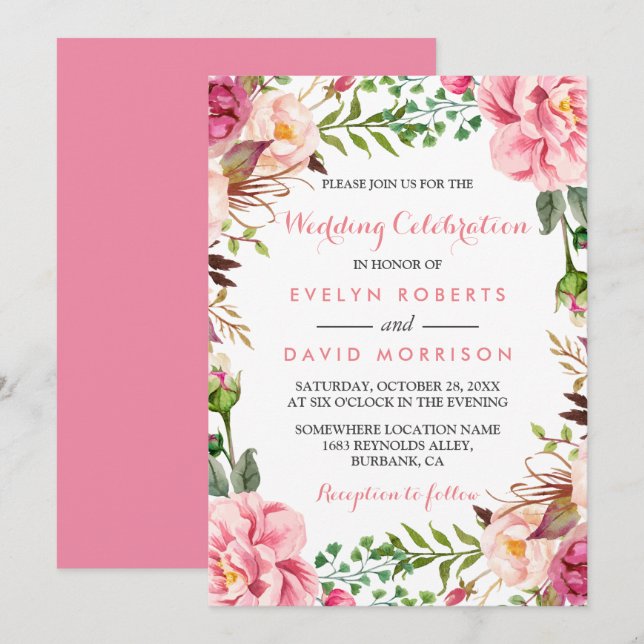 Invitación Boda formal de Wreath floral rosa romántico (Anverso / Reverso)