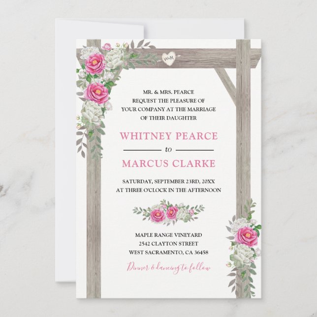 Invitación Boda formal del arco floral rosado rústico (Anverso)