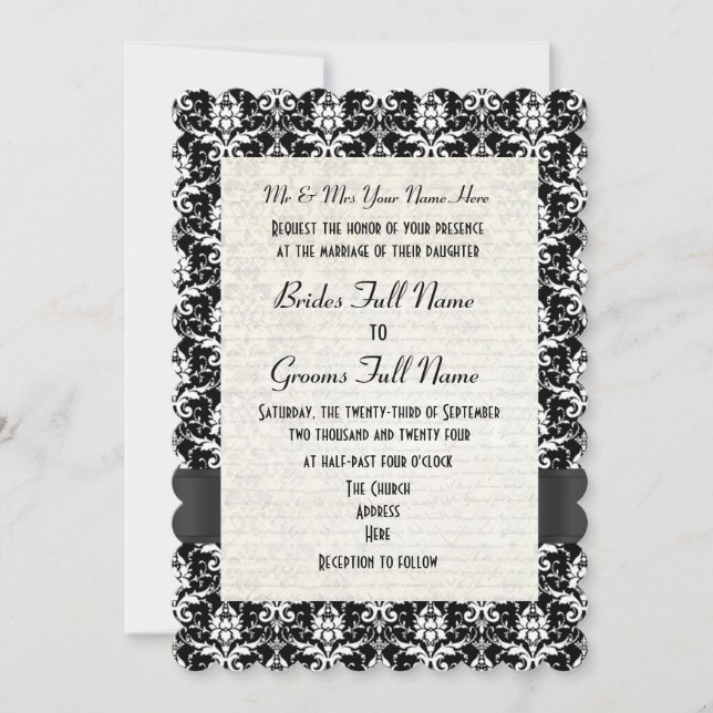 Invitación Boda formal del damasco blanco y negro (Anverso)