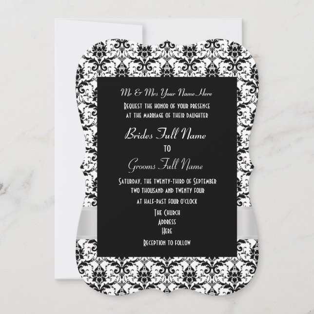 Invitación boda formal del damasco blanco y negro (Anverso)