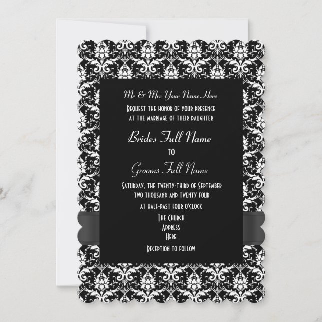 Invitación Boda formal del damasco blanco y negro (Anverso)