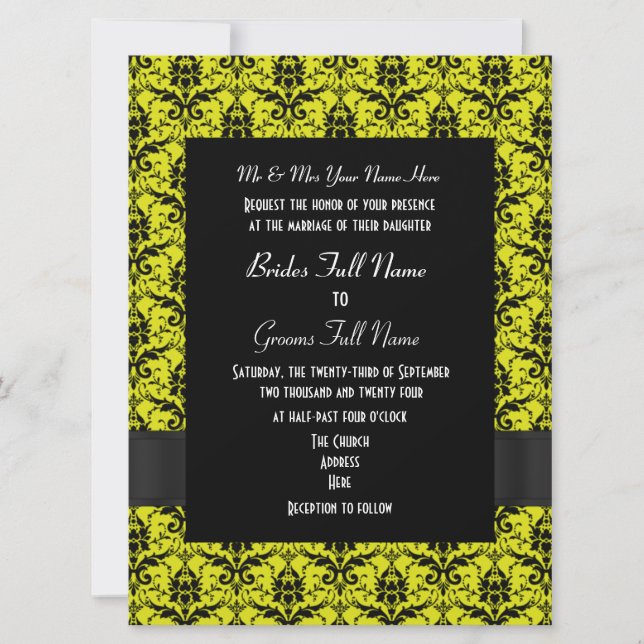 Invitación Boda formal del damasco negro y amarillo (Anverso)