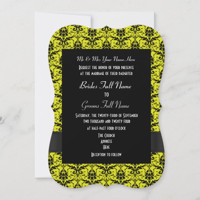 Invitación Boda formal del damasco negro y amarillo (Anverso)
