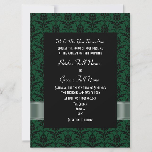 Invitación Boda formal del damasco verde y negro (Anverso)