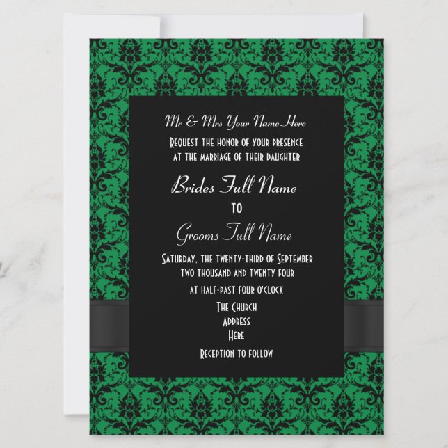 Invitación Boda formal del damasco verde y negro (Anverso)