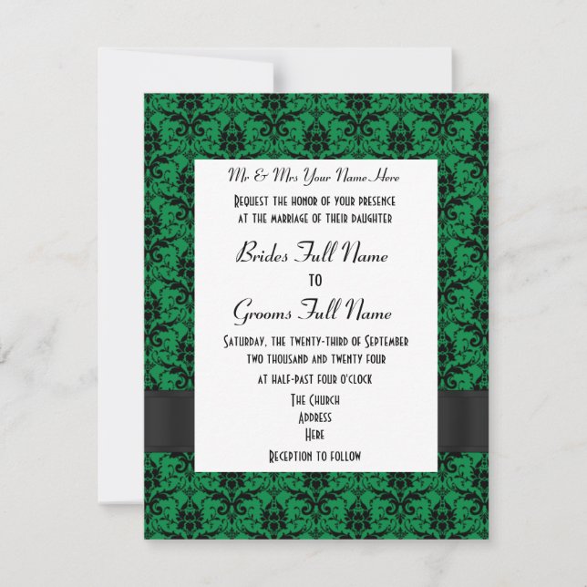 Invitación Boda formal del damasco verde y negro (Anverso)