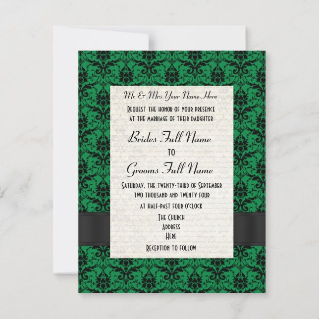 Invitación Boda formal del damasco verde y negro (Anverso)