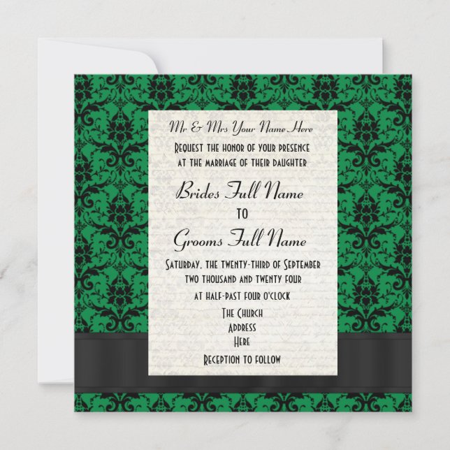 Invitación Boda formal del damasco verde y negro (Anverso)