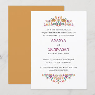 Invitación Boda formal del elefante de mostaza de flores indi