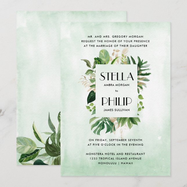 Invitación Boda formal del follaje tropical de monstera silve (Anverso / Reverso)